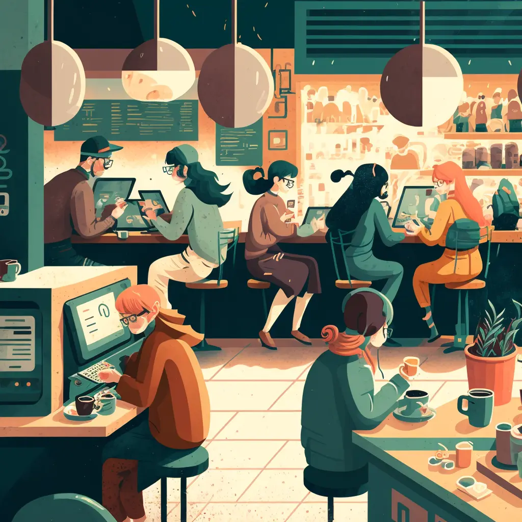 users at a coffeeshop, illustration for a tech company, by slack and dropbox, style of behance